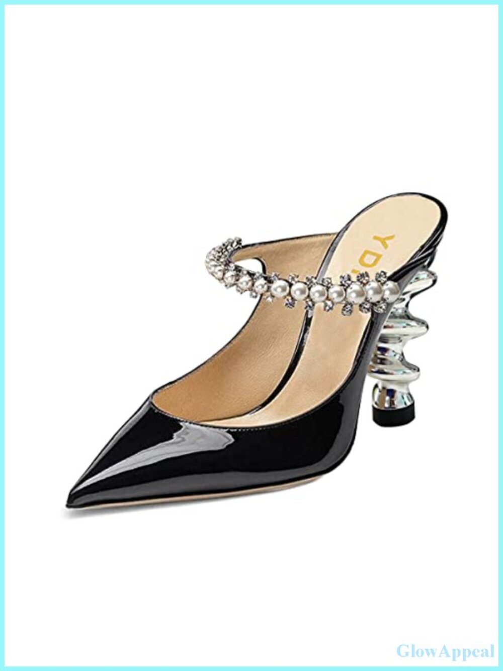 Metallic Spiral Heel Slip On Sandals Pointed Toe Rhinestone Strap Pumps Mules